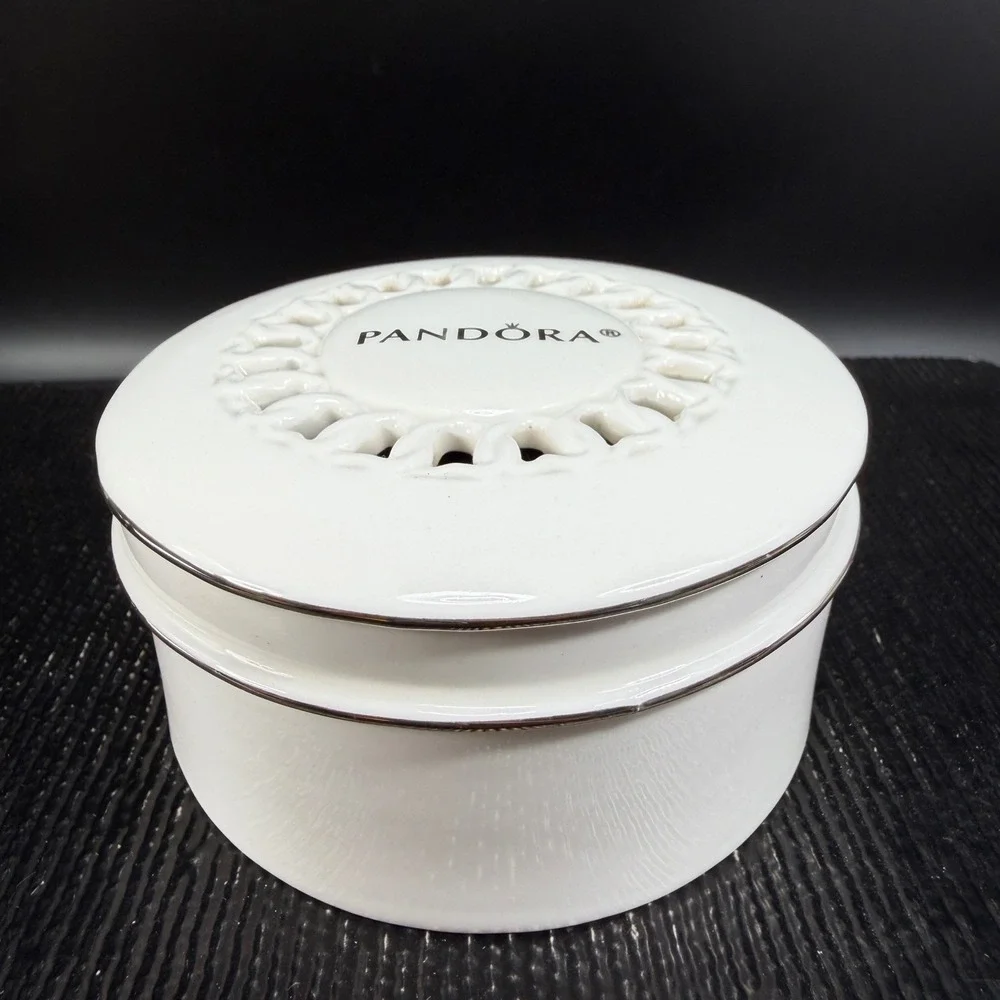 Pandora White Ceramic Round Jewelry Box Black Velvet Lining Lattice Lid 4 Inch